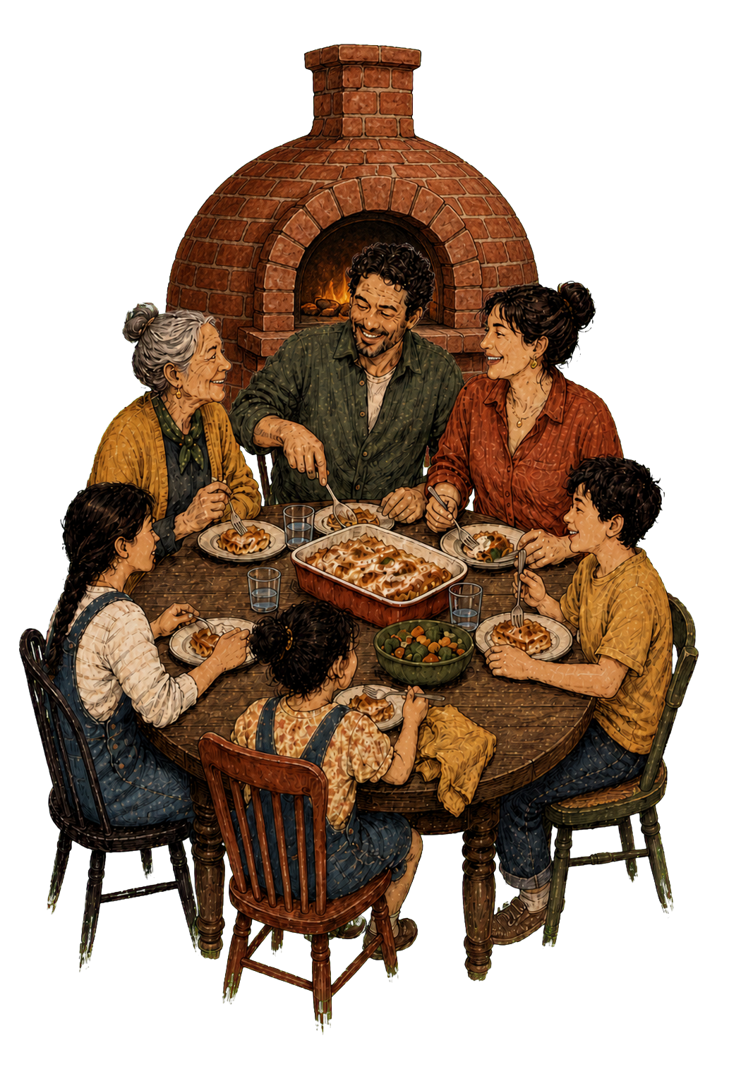 An isolated illustration of a family sharing dinner with a brick oven behind them